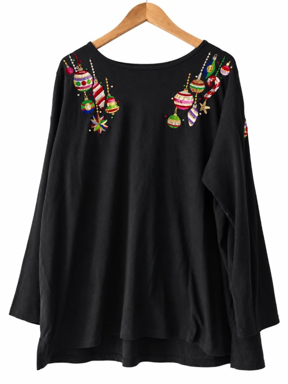 Quacker Factory Black Christmas Ornament Sequin Embellished Tunic Top Holiday 2X